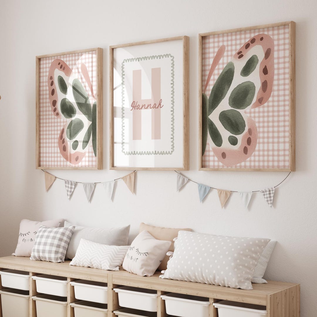 Personalized Butterfly Nursery Wall Art Print, Pink Gingham Monogram - Etsy