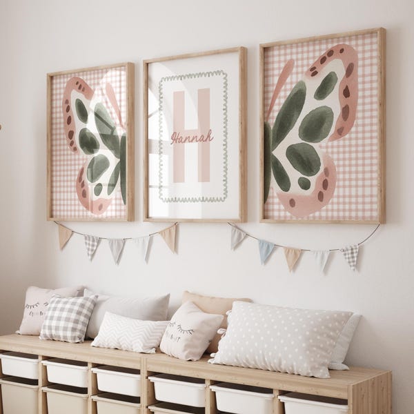 Personalized Butterfly Nursery Wall Art Print, Pink Gingham Monogram