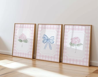 Pink Hydrangea Gingham Girls Nursery Prints | Floral Bow Wall Art (Digital Download)