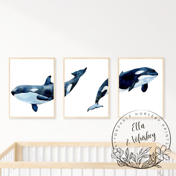 Whale Nursery Printables - Set of 3 Orca Digital Prints, Ocean Themed Decor, Ideal Newborn Gift