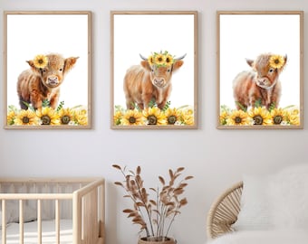 Adorable Baby Highland Cow Nursery Art Print - Floral Farm Decor for Girl's Room