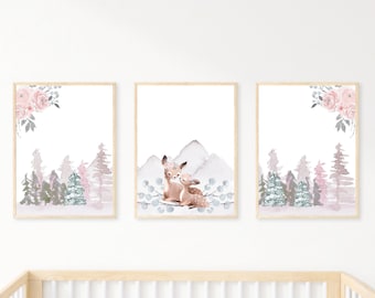 Woodland Nursery Decor: Deer Family, Mountain Prints