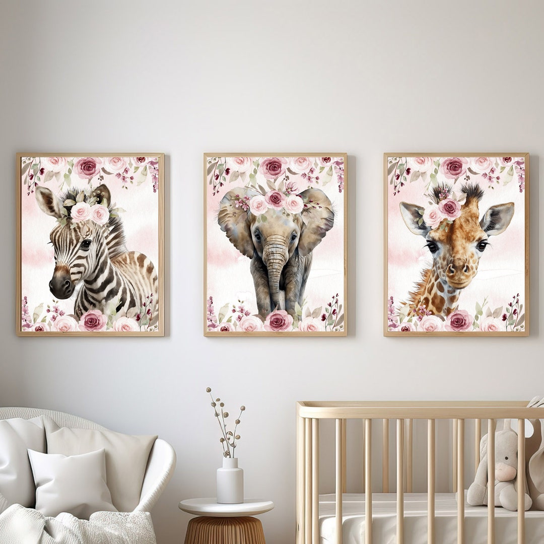 Blush Pink Safari Nursery Art Set, Tropical Jungle Animal Prints for ...