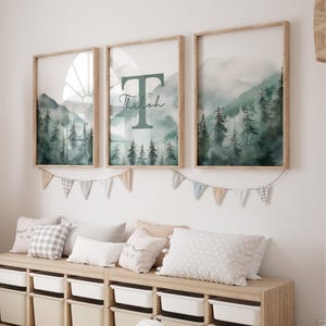 Personalisierte Kinderzimmer Wandkunst - 3er Set Benutzerdefinierte Name Prints - Wald Baby Zimmer Dekor - Berg & Wald Thema - Kinderzimmer Kunstwerk