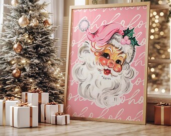 Pink Retro Santa Art Print: Whimsical Christmas Decor (Digital Download)