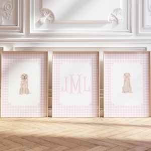 Créations pour chambre d&#39;enfant Golden Retriever : monogramme chiot Vichy rose (téléchargement numérique)