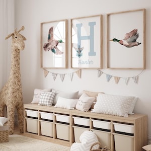 Duck Hunting Nursery Wall Art Prints Set for Baby Boy, Woodland Decor, Mallard Duck Toddler Room, Personalized Name Poster, Digital Download