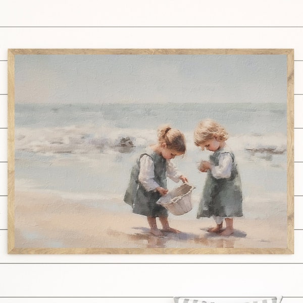 Arte da parete Bambini sulla spiaggia, Stampa artistica costiera vintage disattivata, Arte da parete vintage neutra, Scaricabile digitale