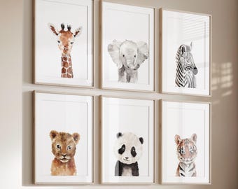 Safari kinderkamerkunstprints: babydierenset van 6 inch