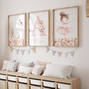Girls Bedroom Prints, Ballerina Nursery Art Set of 3, Floral Swan Decor, Pink & Pastel Girl Wall Art, Digital Download