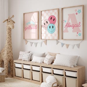 Girl Nursery Wall Art Set of 3 Prints, Custom Name Art for Smiley Girl Room Decor, Checkerboard Groovy Printable Art Gifts, Digital Download