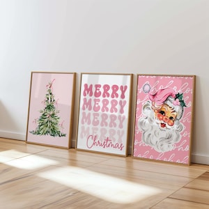 Preppy Christmas Wall Art set of 3, pink pastel prints, trendy festive decor for holiday styling, perfect gift for Christmas lovers