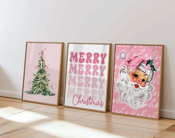 Pink Christmas Wall Art Prints: Preppy Holiday Decor (Set of 3) (Digital Download)