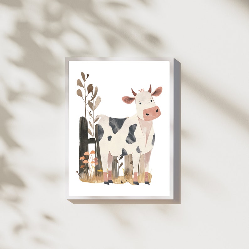 May include: Watercolor illustration of a cow with black spots, standing in a field. The cow has a pink nose and ears, and small horns. The artwork is framed in a white border, with a fence and plants in the background. The style is whimsical and charming.