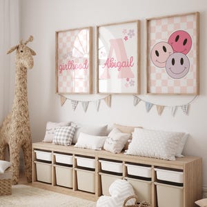 Girl Nursery Wall Art Set of 3 Prints, Custom Name Art for Smiley Girl Room Decor, Checkerboard Groovy Printable Art Gifts, Digital Download