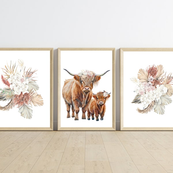 Baby Highland Cow Nursery Art Prints, Highland Cow Nursery Wall Decor, Highland Cow Wall Art, Mom And Baby Cow Art Prints, Floral Cow Prints