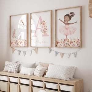 Girls Bedroom Prints, Ballerina Nursery Art Set of 3, Floral Swan Decor, Pink & Pastel Girl Wall Art, Digital Download