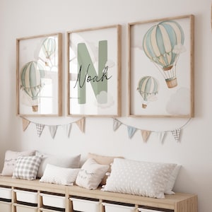 Set of 3 Sage Green Hot Air Balloon Nursery Prints – Baby Boy Wall Art – Custom Name Sign – Neutral Nursery Decor – Digital Download