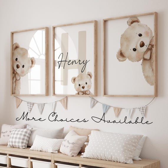 Teddy Bear Nursery Prints | Personalized Baby Name Art | Neutral Nursery Decor | Baby Shower Gift | Set of 3 | Digital Download