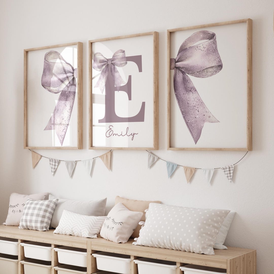 Lavender Bow Initial Nursery Print, Personalized Baby Name Wall Art - Etsy