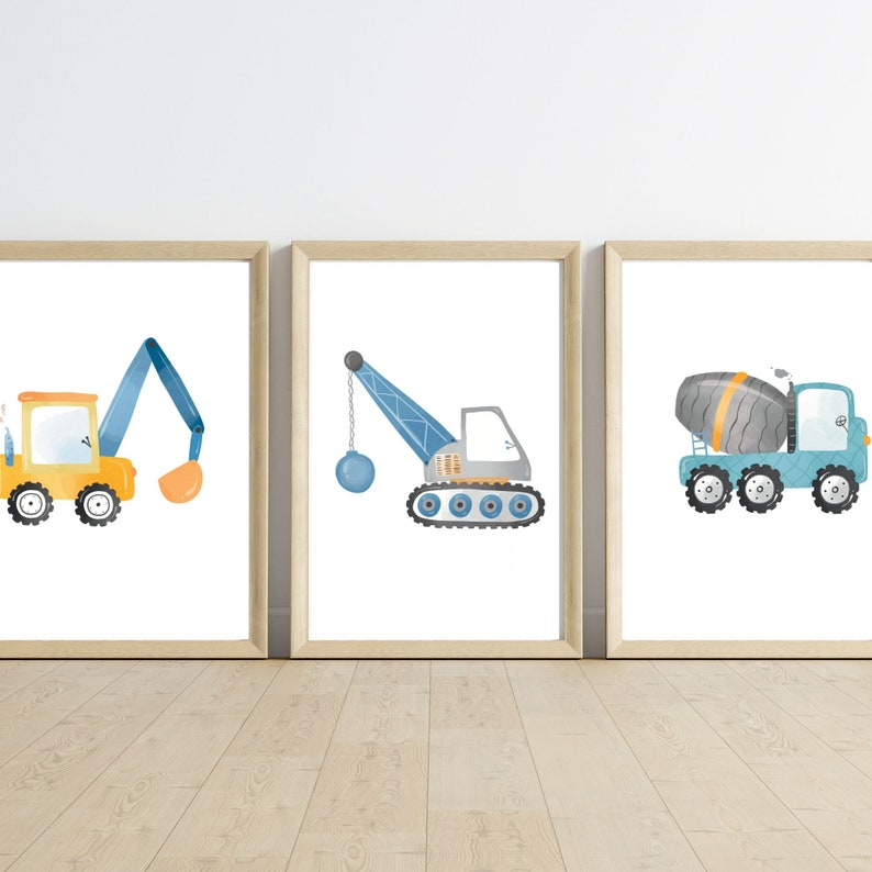 Construction Truck Nursery Set of 5 Digital Prints for Boys Blue