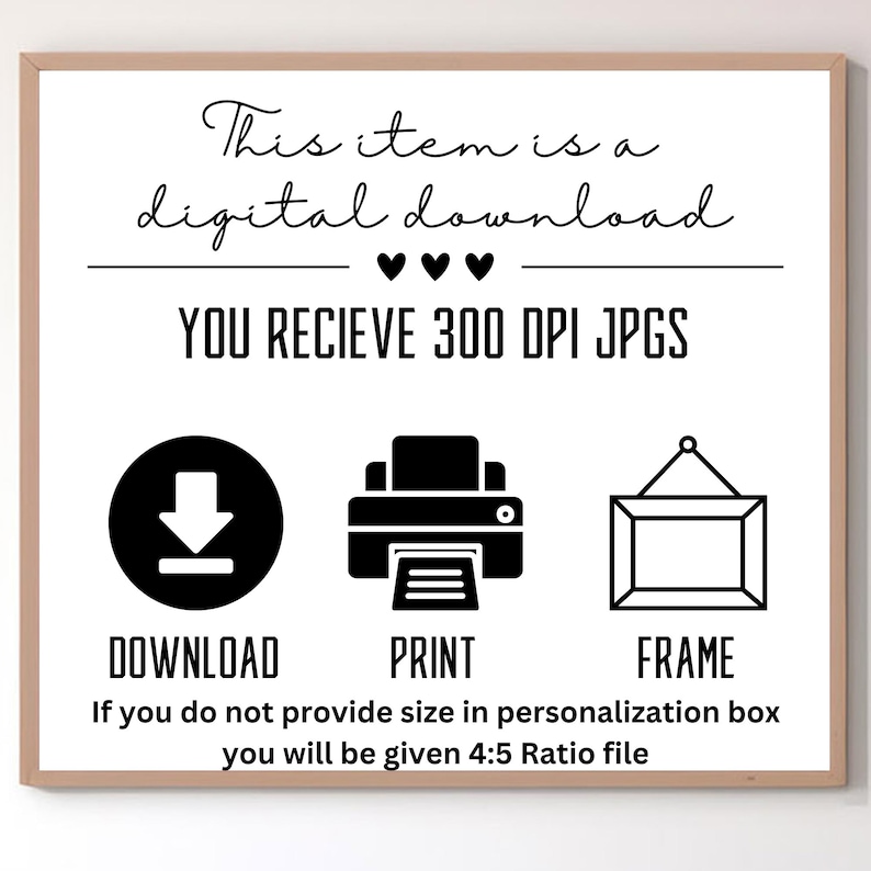 K&ouml;nnte beinhalten: Eine Grafik f&uuml;r digitalen Download mit schwarzem Text auf wei&szlig;em Hintergrund. Der Text lautet "This item is a digital download" mit drei Herzen darunter. Der Text "YOU RECIEVE 300 DPI JPGS" befindet sich unter den Herzen. Unter dem Text befinden sich drei schwarze Symbole. Die Symbole stehen f&uuml;r Download, Druck und Rahmen. Unter den Symbolen befindet sich der Text "Wenn Sie keine Gr&ouml;&szlig;e in der Personalisierungsbox angeben, erhalten Sie eine Datei im Verh&auml;ltnis 4:5."