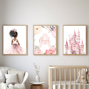 Gepersonaliseerde prinsessenkunst en kasteelprintset voor blush roze kinderkamer - digitale download