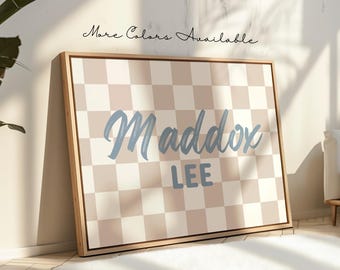 Personalized Checkered Nursery Name Print – Custom Gingham Wall Art (Digital Download)