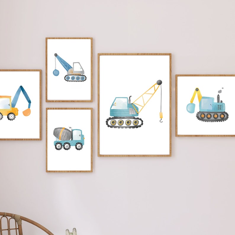 Construction Truck Nursery Set of 5 Digital Prints for Boys Blue