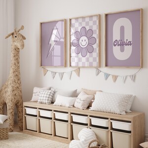 Girl Nursery Wall Art Set of 3 Prints, Custom Name Art for Smiley Girl Room Decor, Checkerboard Groovy Printable Art Gifts, Digital Download
