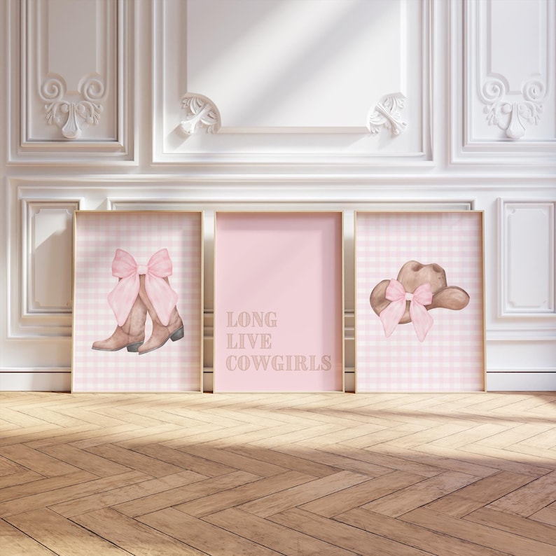 Cowgirl Hat and Boots Nursery Wall Art Set with Pink Bow - Coquette Room Decor