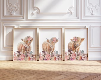 Floral Highland Cow Nursery Art Print: Boho Farm Decor