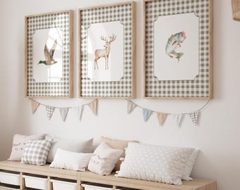 Hunting Nursery Prints Set: Duck, Deer, Fishing Art
