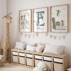 Láminas para guardería de bebés con forma de dragón, decoración para guardería de bebés con forma de dragón, impresión de arte de pared para guardería con nombre de bebé con forma de dragón personalizada, impresión digital personalizada de cuento de hadas