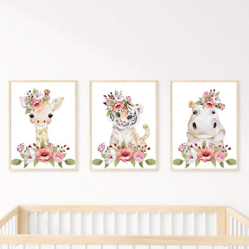 Girl Nursery Safari Art, Botanical Wall Art, Jungle Nursery Wall Decor