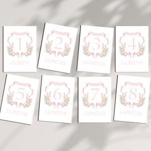 Cartões de marcos para bebês Grandmillenial Pink Crest - Conjunto de cartões fotográficos mensais para meninas em aquarela