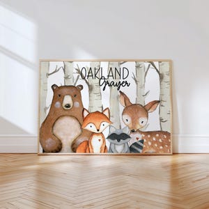 Personalized Baby Name Print | Woodland Animal Nursery Art | Custom Name | Bear Prints | Forest Playroom Decor | Digital Download