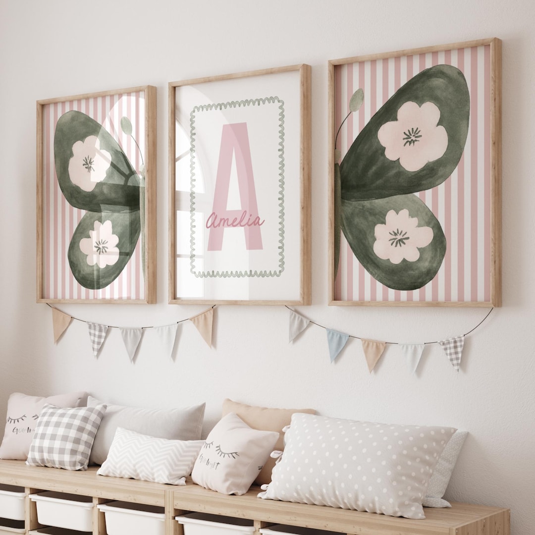 Personalized Butterfly Nursery Wall Art Print, Pink Vintage Floral - Etsy