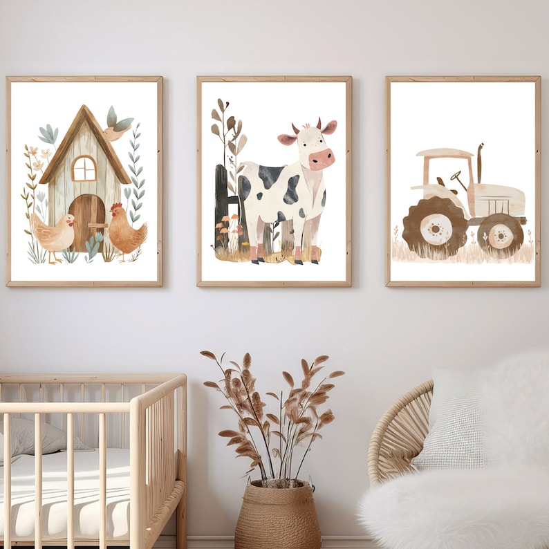 May include: Set of three framed watercolor prints featuring farm animals and a tractor. The first print shows a barn with two chickens. The second print depicts a cow. The third print shows a tractor. All prints have a white background.