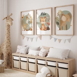 Safari Nursery Wall Prints, Personalized Boho Decor for a Sage Nursery, Perfect for Baby Shower or Newborn Gifts
