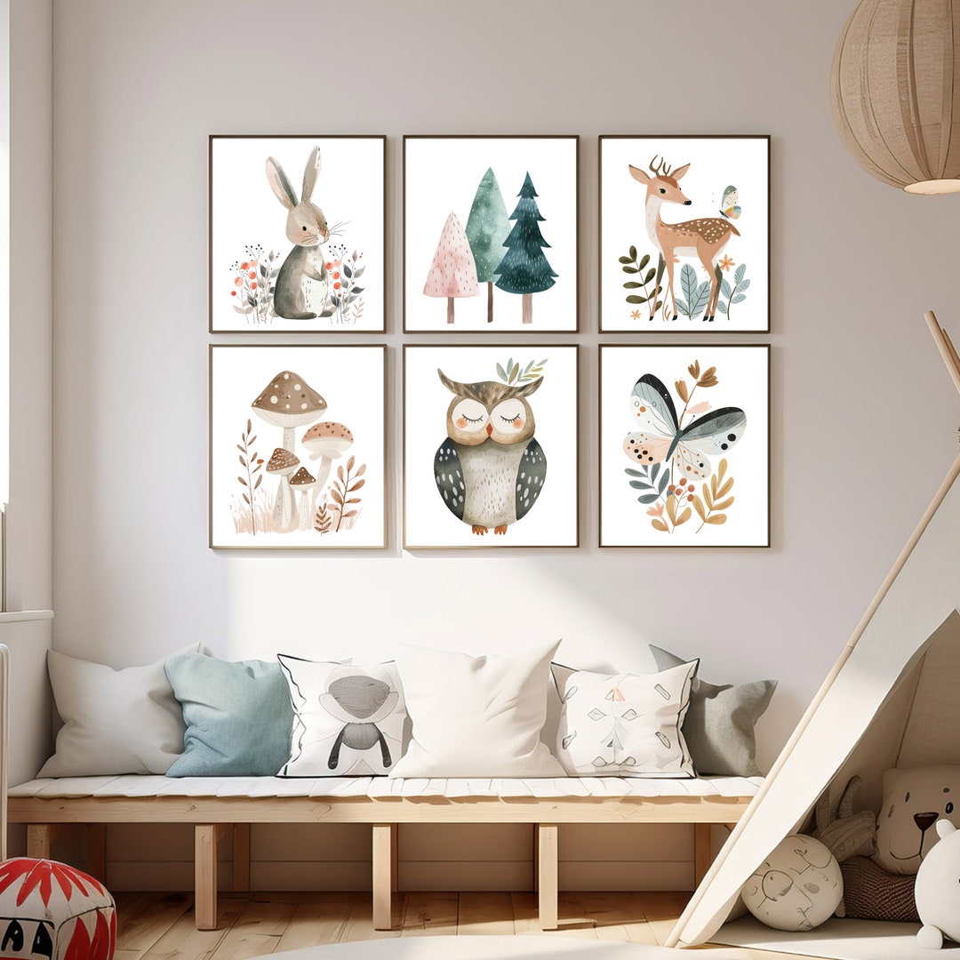 Girl's Woodland Nursery Art Set - Sweet Forest Animals Decor - Mountain ...