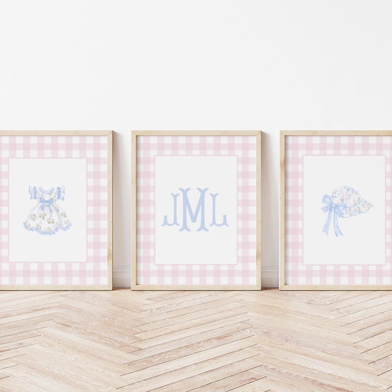 Pink Gingham Baby Girl Nursery Wall Art Set Print - Etsy