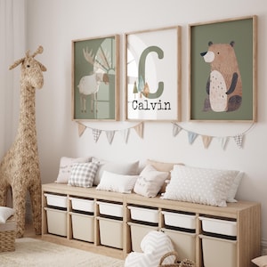 Wald Wald Kinderzimmer Dekor - Salbei Grün Wand Kunst - Personalisierter Baby Name Digital Druck - Set von 3 - Kinderzimmer Poster - DIGITAL DOWNLOAD