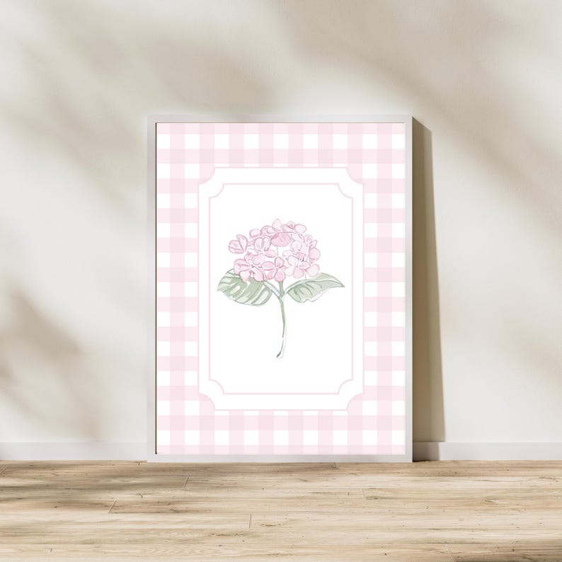 Pink Hydrangea Gingham Girls Nursery Prints | Floral Bow Wall Art ...