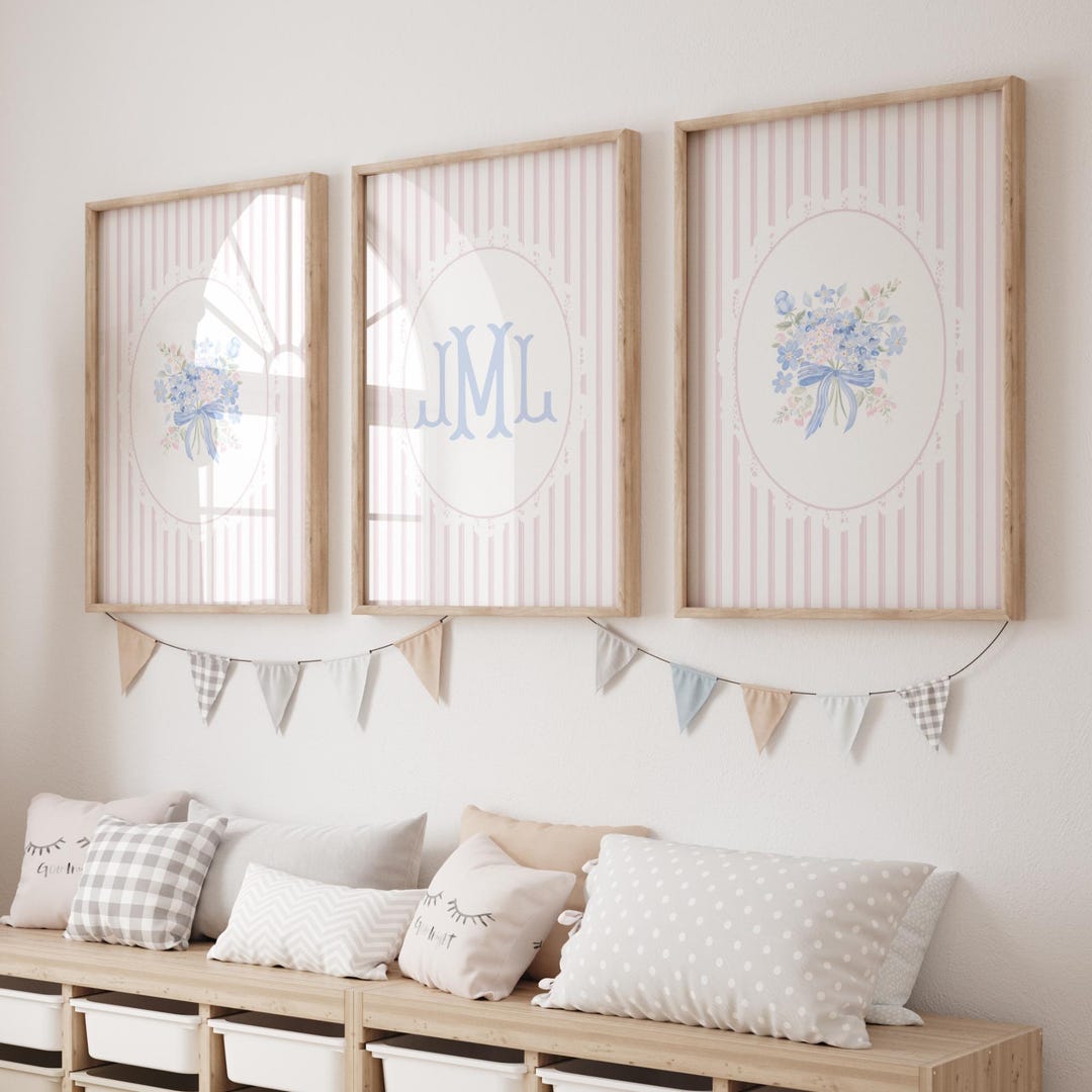 Pink Floral Monogram Nursery Wall Art Set Print - Etsy