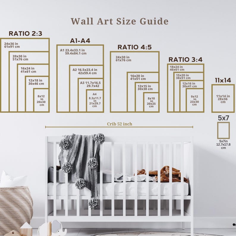 Puede incluir: Gu&iacute;a de tama&ntilde;os de arte mural con varias relaciones de aspecto y dimensiones en pulgadas y cent&iacute;metros. Incluye proporciones 2:3, 4:5, 3:4, A1-A4, 11x14 y 5x7. Una cuna blanca con una manta gris en primer plano.
