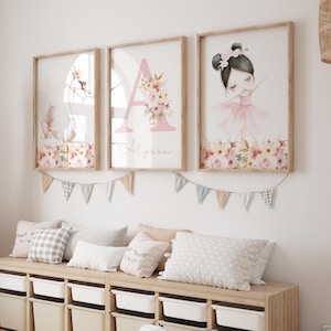 Girls Bedroom Prints, Ballerina Nursery Art Set of 3, Floral Swan Decor, Pink & Pastel Girl Wall Art, Digital Download