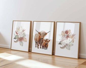 Boho Highland Cow Nursery Art Prints: Floral Baby Room Decor