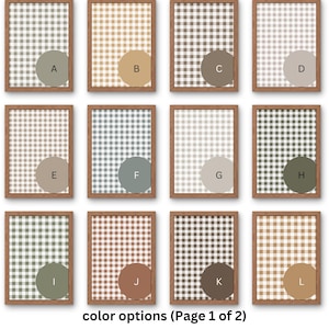 May include: A set of 12 color options for a gingham pattern. Each color option is displayed in a square frame with a circle in the center. The colors include green, brown, beige, gray, and white.