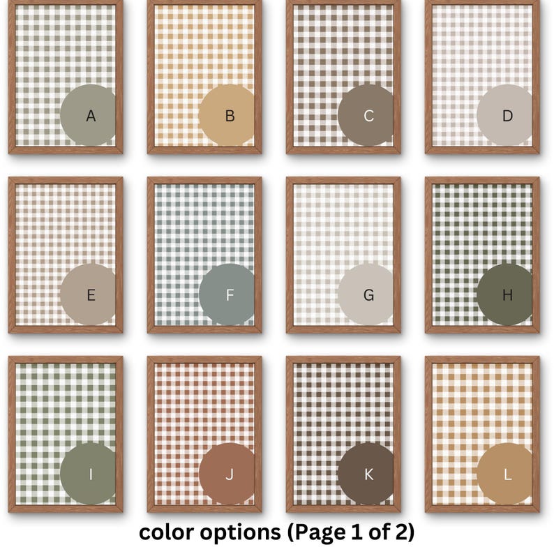 May include: A set of 12 color options for a gingham pattern. Each color option is displayed in a square frame with a circle in the center. The colors include green, brown, beige, gray, and white.